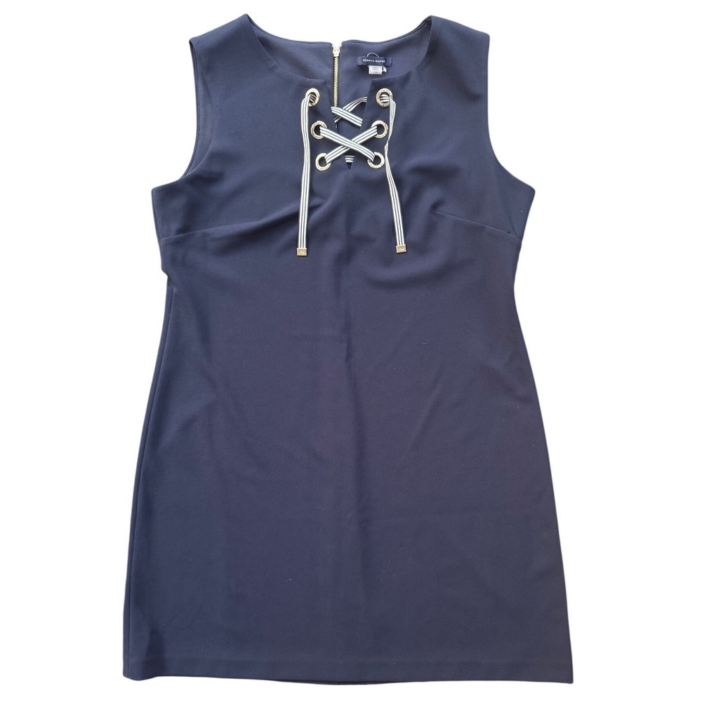 Tommy Hilfiger Navy Lace-Up Sheath Dress Gold Grommets Sleeveless Size 14